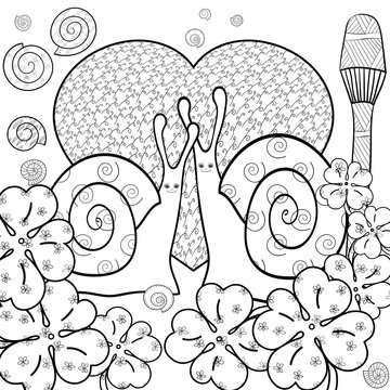Cute snails adult coloring book page. Vector illustration.