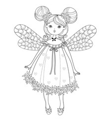 Vector cute fairy girl in flowers doodle