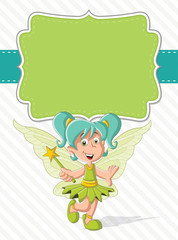 Green card with a cute cartoon fairy girl on colorful nature background