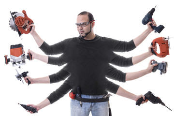 Man with several arms and tools
