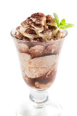 Sweet tasty tiramisu dessert on a white background