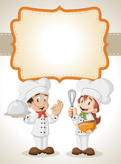Card with a cartoon chefs cooking
