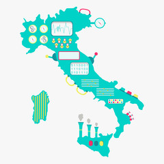 Map of Italy like a cute machine with buttons, panels and levers. Isolated. White background.