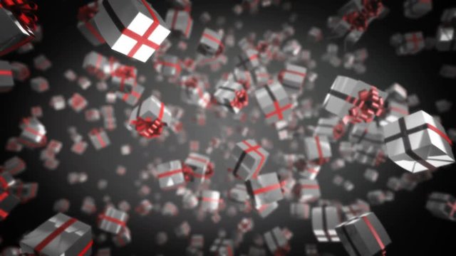 Seamless looping 3d animation of chrome present boxes flying at the camera