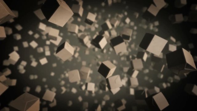 Seamless looping 3d animation of cardboard boxes flying at the camera
