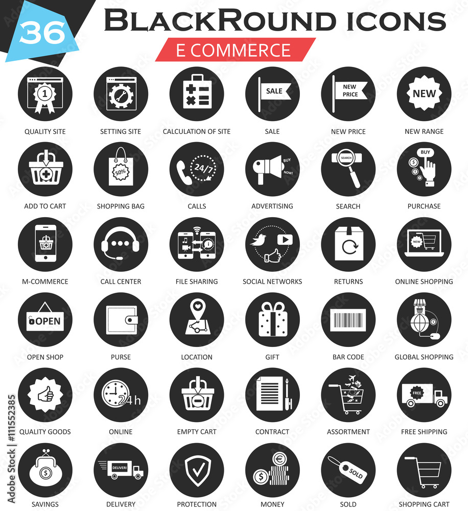 Poster vector e-commerce circle white black icon set. ultra modern icon design for web.