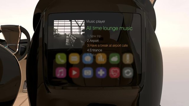 Demonstration of seat mounted monitor`s user interface . 3D rendering animation
