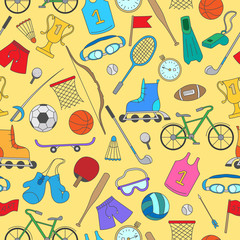 Seamless pattern on the theme of summer sports, simple colorful icons on a yellow background