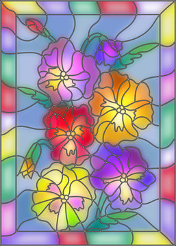 Illustration in stained glass style with flowers, buds and leaves of pansy © Zagory