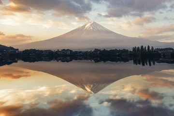 Mount fuji at Lake kawaguchiko,Sunset , vintage color.selective