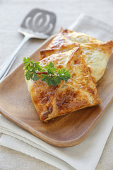 Homemade chicken puff pie, selective focus