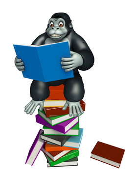 cute Gorilla cartoon character with book stack