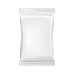 Blank packaging isolated on white background. Foil food snack bag for coffee, chips. Package template. Realistic 3d mockup. Plastic pack template. Ready for design. Vector illustration.