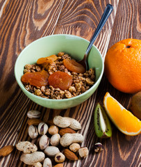 Chocolate muesli in a transparent plate