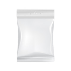 Blank packaging isolated on white background. Foil food snack bag for coffee, chips. Package template. Realistic 3d mockup. Plastic pack template. Ready for design. Vector illustration.