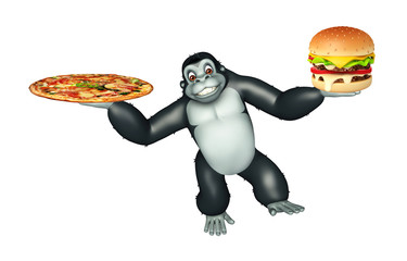 cute Gorilla cartoon character with burger and pizza