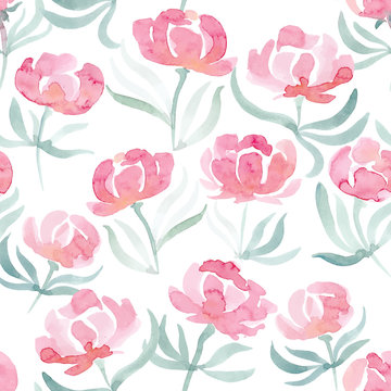 hand drawn watercolor peonies seamless vector pattern. Background for web pages, wedding invitations, save the date cards.
