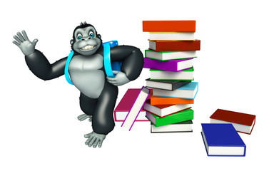fun Gorilla cartoon character  with book stack and school bag