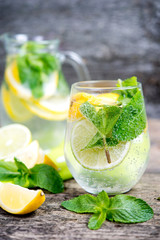 Mineral sparkling water with a lemon and a lime, fitness water with mint
