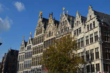Fototapeta na wymiar Old medieval houses and buildings in the old city center of Antwerp, Belgium