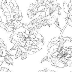 Vector floral seamless pattern. Black and white background with outline hand drawn rose flowers. Design concept for fabric design, textile print, wrapping paper or web backgrounds. 