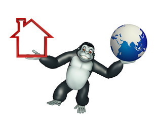 cute Gorilla cartoon character with home sign