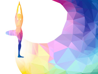 Vector rainbow polygonal label with woman silhouette of yoga pose. Yoga sport invitation poster or flyer background with empty space, banner template. Colorful polygonal triangle background. Vector.