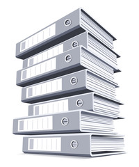 High pile of binders isolated on a white background. Concept of office information overload. Vector illustration.