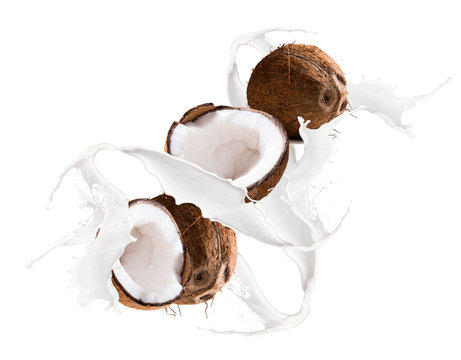 Fruit, coconut in milk, chocolate splash, isolated on white background