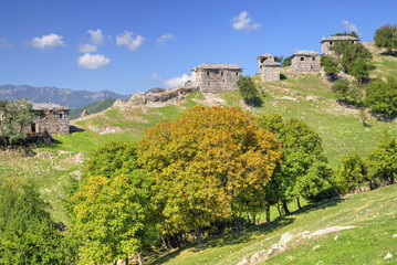 Beautiful landscape with old stone houses in the mountain