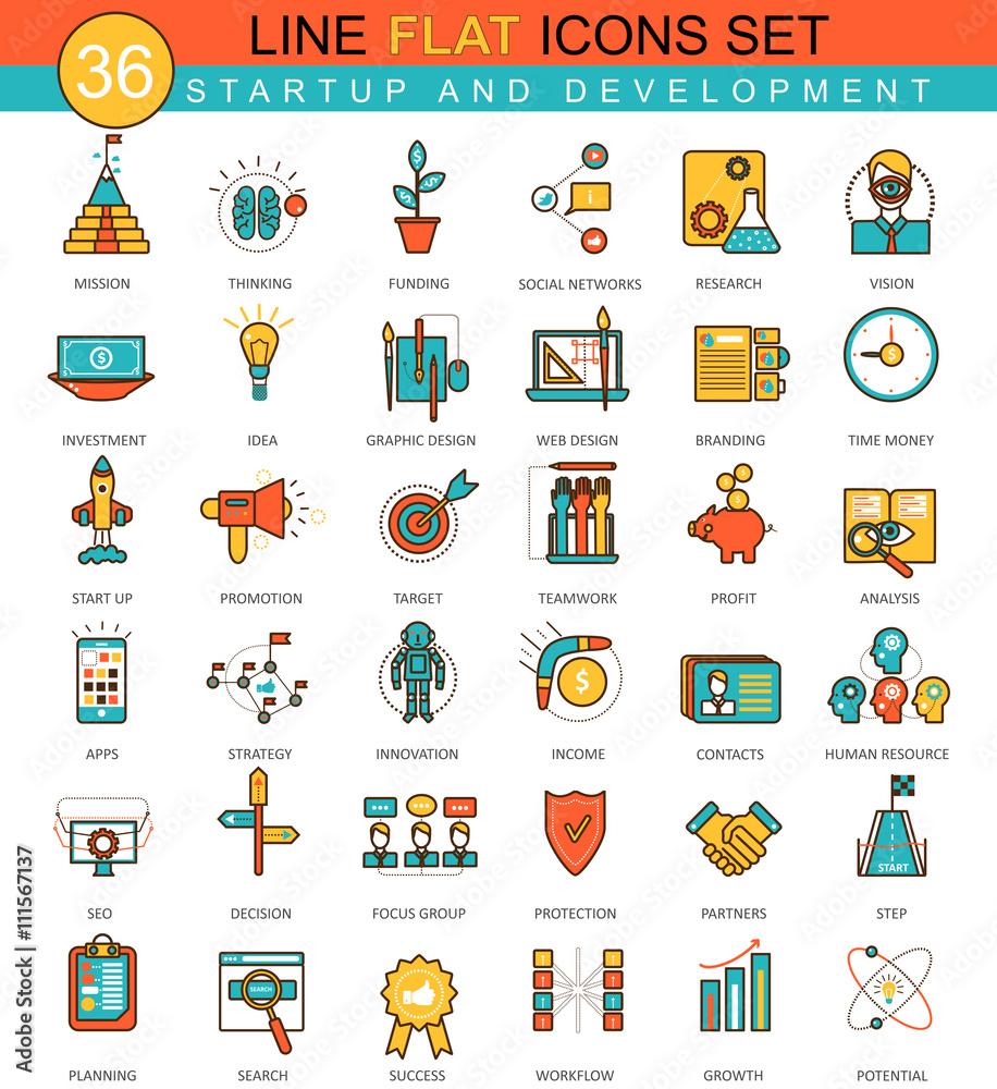 Fototapete Vector Startup and development flat line icon set. Modern elegant style design for web.