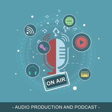 Audio production and podcast vector illustration. Editable flat design concept for promotion materials or website banner.