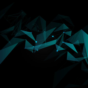 Polygonal Abstract Low Poly Dark Background With Blue Connecting Dots And Lines.
