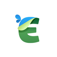 E letter logo with blue drops and folded corner.