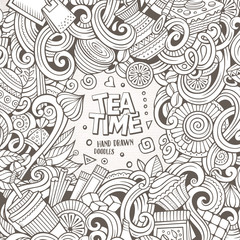 Cartoon hand-drawn doodles of cafe, coffee shop background
