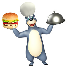 cute Bear cartoon character with burger with cloche and chef hat