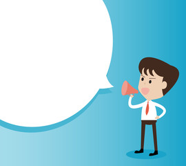 smart businessman holding megaphone with bubble speech, concept of announced