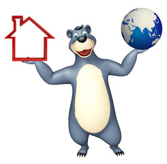 Bear cartoon character with earth and home sign