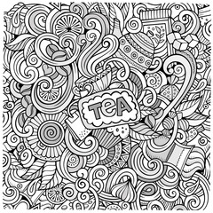 Cartoon hand-drawn doodles of cafe, coffee shop background