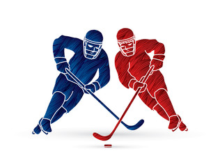 Hockey player action designed using red and blue grunge brush graphic vector