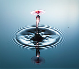 Water drop photography, one or two drops of water dropped from height into water and captured as they hit the water or collide with each other.