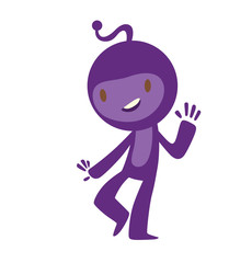 Vector cartoon image of funny little purple creature. Funny little creature with a small antenna on his head. Creature with two arms and legs. Funny creature standing and smiling. Made in flat style.