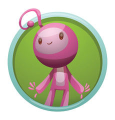 Vector image of a round green-blue frame. Frame with cartoon image of funny little pink creature. Funny little creature with a long antenna on his head. Cartoon funny creature standing and smiling.