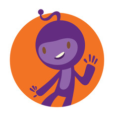 Vector image of a round orange frame with cartoon image of funny little purple creature with a long antenna on his head in the center on a white background. Positive character. Made in a flat style.