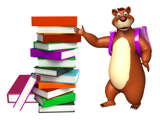 cute Bear cartoon character with book stack and school bag