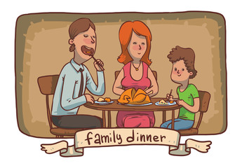Vector cartoon image of a frame - a family dinner. Father, mother and son sitting at the table and eat fried chicken on a brown background. Banner. Vector illustration.