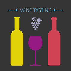 Wine tasting card, two yellow and red bottles over a silver background with grape sign and a purple glass. Digital vector image.