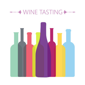 Wine tasting card, with colored bottles over a white background. Digital vector image.