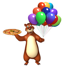 Bear cartoon character with pizza and balloon