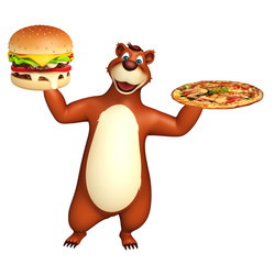 Bear cartoon character with pizza and burger